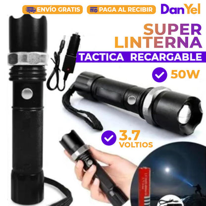 SUPER LINTERNA TACTICA 3.7 VOLTIOS RECARGABLE DE 50W