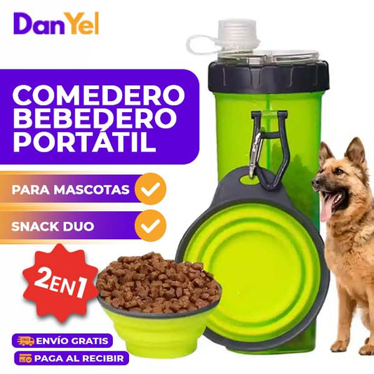 COMEDERO BEBEDERO PORTÁTIL PARA MASCOTAS CON PLATO SNACK DUO