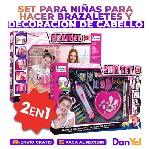 2 EN 1 SET PARA NIÑAS PARA HACER BRAZALETES Y DECORACION DE CABELLO