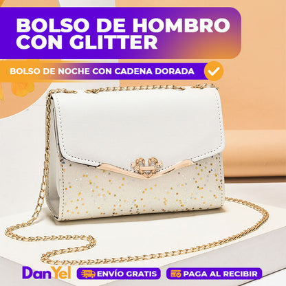 BOLSO DE HOMBRO CON GLITTER PARA MUJER CON CADENA DORADA | BOLSO DE NOCHE