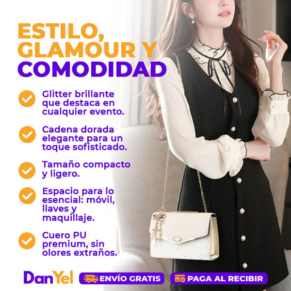 BOLSO DE HOMBRO CON GLITTER PARA MUJER CON CADENA DORADA | BOLSO DE NOCHE