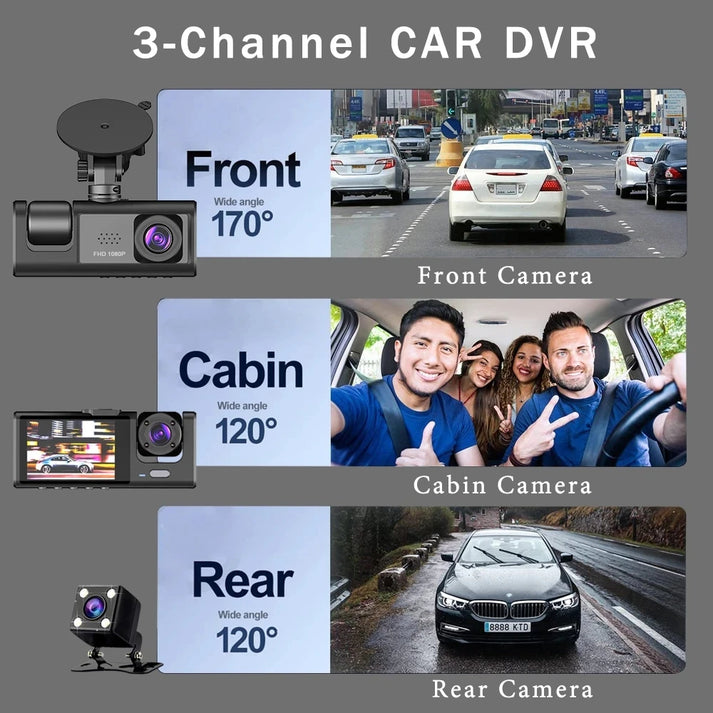Cámara de Automóvil Dash Cam | DVR de 3 canales HD 1080Px